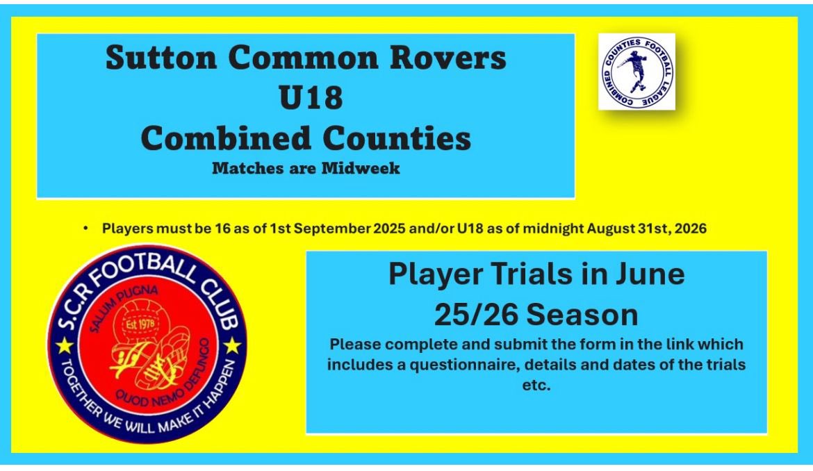 Sutton Common Rovers (@official_scrfc) on Twitter photo Our brand new midweek u18s who’ll compete in the <a href="/ComCoFL/">Combined Counties Football League</a> are running some trial sessions over the coming weeks
If you wish to be considered please register your details asap
Note; These are by invitation sessions so register NOW to avoid disappointment
forms.gle/BrtYbw8h2SfSUP… Our brand new midweek u18s who’ll compete in the <a href="/ComCoFL/">Combined Counties Football League</a> are running some trial sessions over the coming weeks
If you wish to be considered please register your details asap
Note; These are by invitation sessions so register NOW to avoid disappointment
forms.gle/BrtYbw8h2SfSUP…