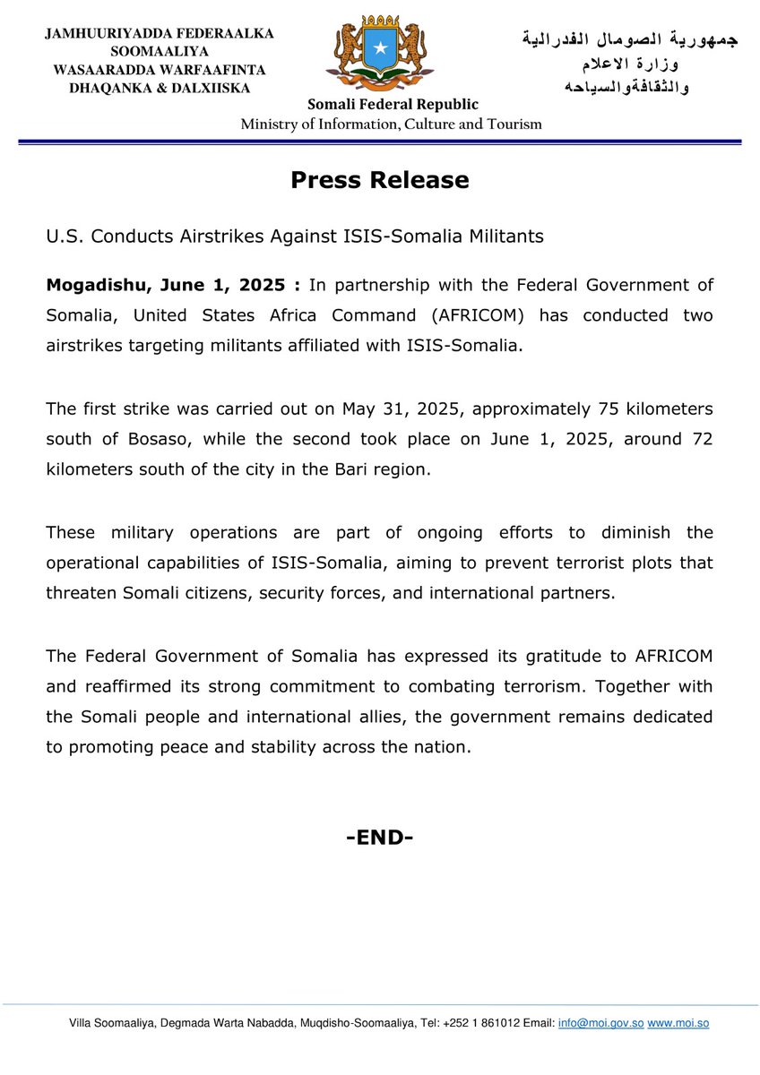 Ministry of Information, Culture & Tourism (@moisomalia) on Twitter photo In partnership with the Federal Government of Somalia, <a href="/USAfricaCommand/">U.S. Africa Command (AFRICOM)</a> (AFRICOM) has conducted two airstrikes targeting militants affiliated with ISIS-Somalia. In partnership with the Federal Government of Somalia, <a href="/USAfricaCommand/">U.S. Africa Command (AFRICOM)</a> (AFRICOM) has conducted two airstrikes targeting militants affiliated with ISIS-Somalia.