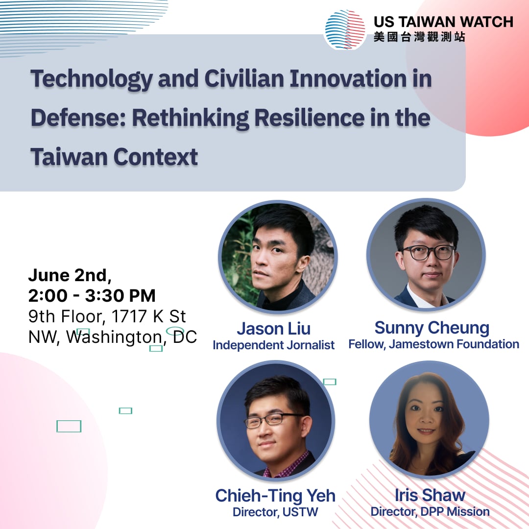Chieh-Ting Yeh (@chiehtingyeh) on Twitter photo I'm honored to be on this panel hosted by <a href="/ustaiwanwatch/">US Taiwan Watch</a>:
If you are in the Washington DC area, join us tomorrow:
Monday 6/2 2:00PM
1717 K St. NW, 9F
Washington DC 20006
Only a few more spots left!! Register here:
lnkd.in/gZZ4sM6N I'm honored to be on this panel hosted by <a href="/ustaiwanwatch/">US Taiwan Watch</a>:
If you are in the Washington DC area, join us tomorrow:
Monday 6/2 2:00PM
1717 K St. NW, 9F
Washington DC 20006
Only a few more spots left!! Register here:
lnkd.in/gZZ4sM6N