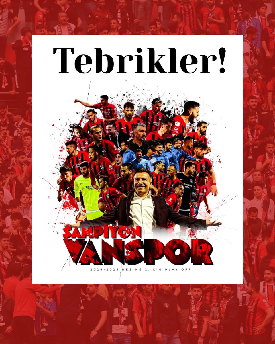 Tebrikler Vanspor 🏆🫶

Komşumuz Vanspor’un Play-Off şampiyonluğu ve bir üst lige yükselme başarısını kutluyor; Van halkının sevincini paylaşıyoruz.

Bölge futboluna güç katan bu başarıda emeği geçen herkese teşekkür ediyor, yeni sezonda Vanspor’a başarılar diliyoruz.

Muş Spor