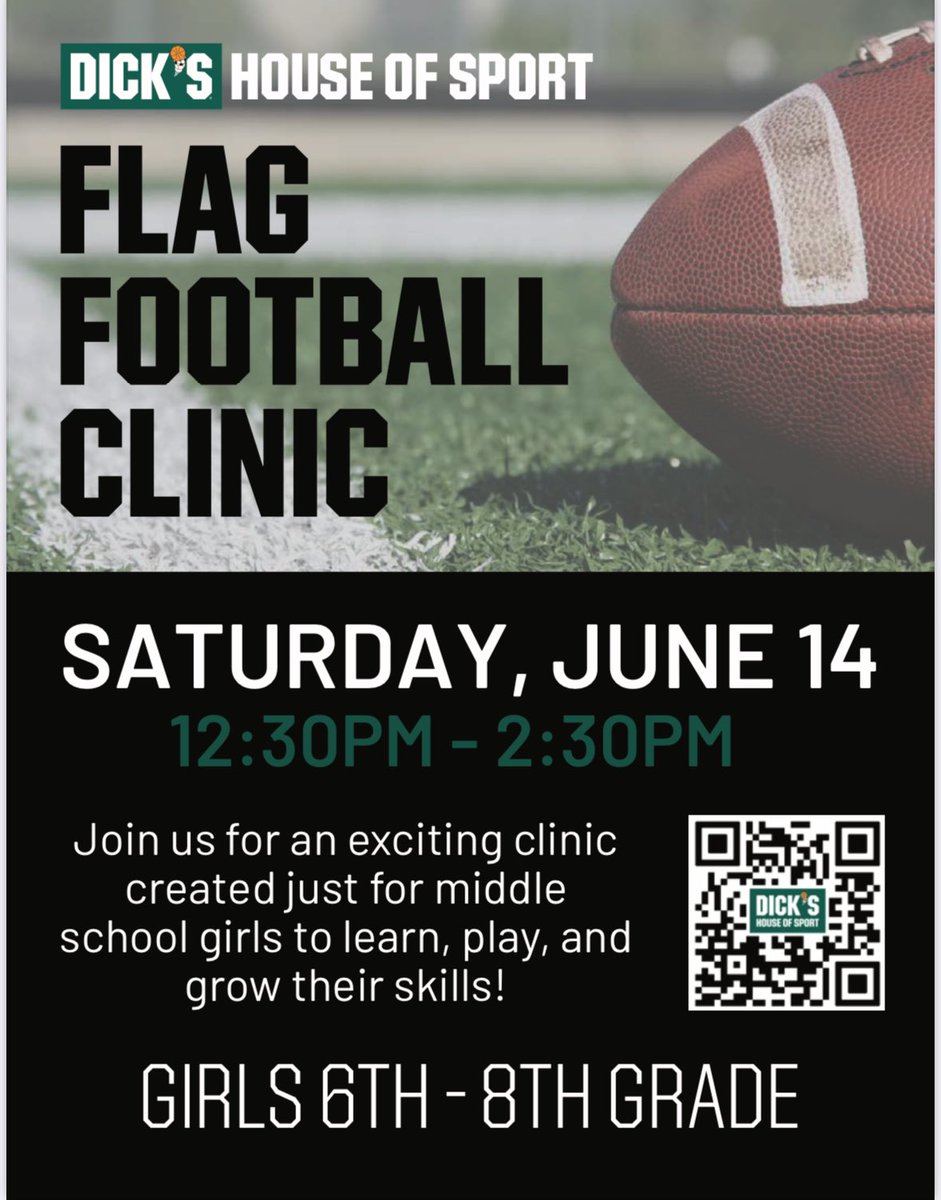 Girls Flag Football Clinic (6th-8th Grade) will be held at the turf of Dick’s House of Sport!