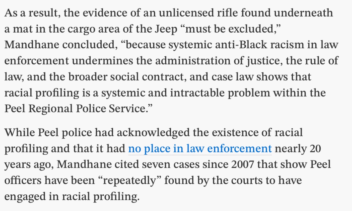 A Brampton police officer stopped a black driver with outstanding charges, searched his car and found an illegal rifle.

A judge tossed the evidence, claiming the officer "relied on stereotypes about Black people being more prone to criminality to illegally search his Jeep".