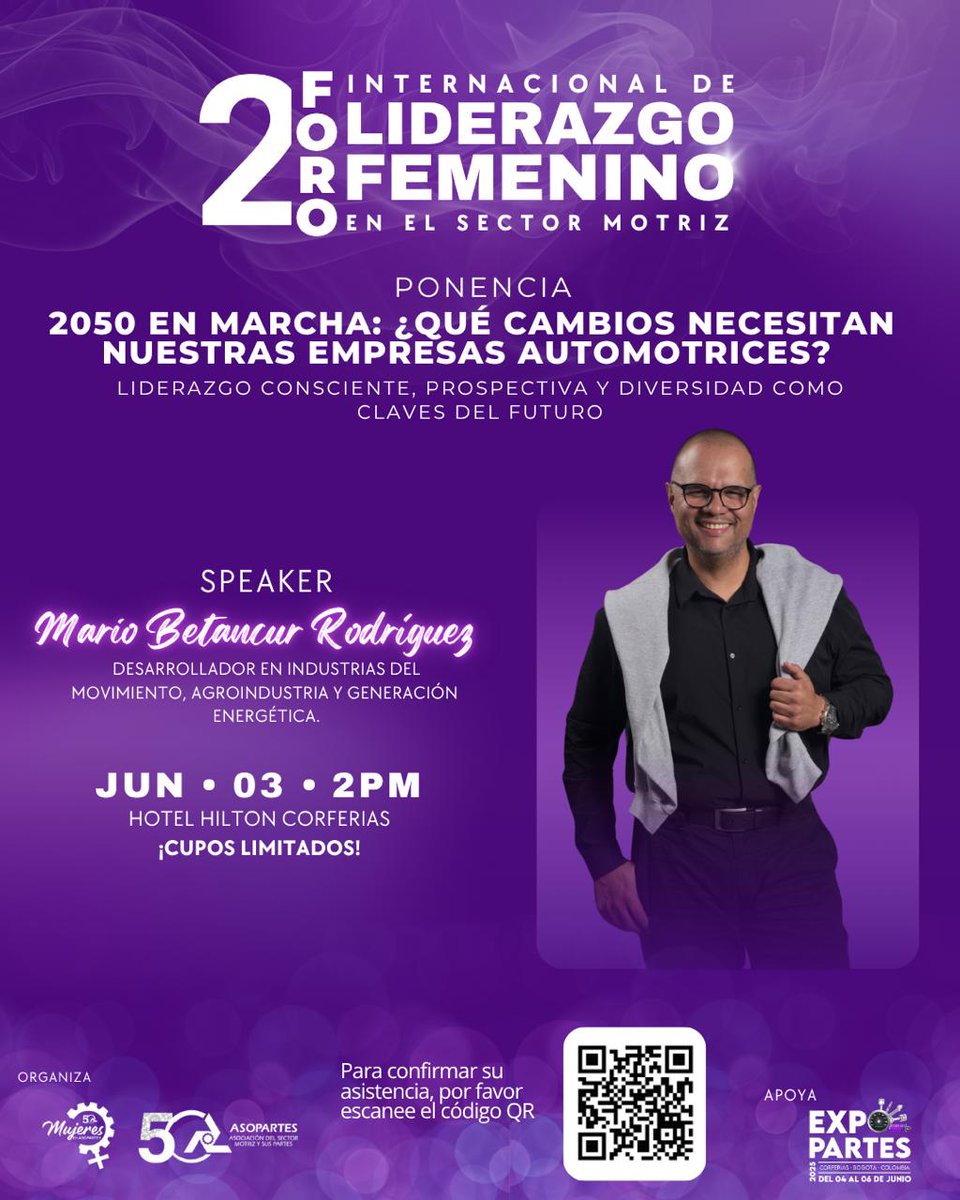 🚀 En #EXPOPARTES2025, el futuro ya está en marcha.
Acompáñanos a la ponencia:
“2050 en marcha: ¿Qué cambios necesitan nuestras empresas automotrices?”
🗓 3 de junio | 🕑 2:00 p.m. | 📍 Hilton Corferias
🎙 Con Mario Betancur
#HacemosLatirElMotor #FuturoAutomotriz #Asopartes50Años