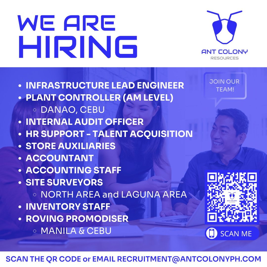 antcolonyph's tweet photo. WE ARE HIRING ASAP! JOIN THE COLONY and GROW YOUR CAREER WITH US!
#staffing #outsourcing #managedservices #recruitment #hiringnow #hiring #jobs #careers #jobsearch #nowhiring #jobopening #careeropportunities #CareersPH #JobOpenings #Philippines #jobopportunity #jobopportunities https://t.co/0jQJQ5EfDz