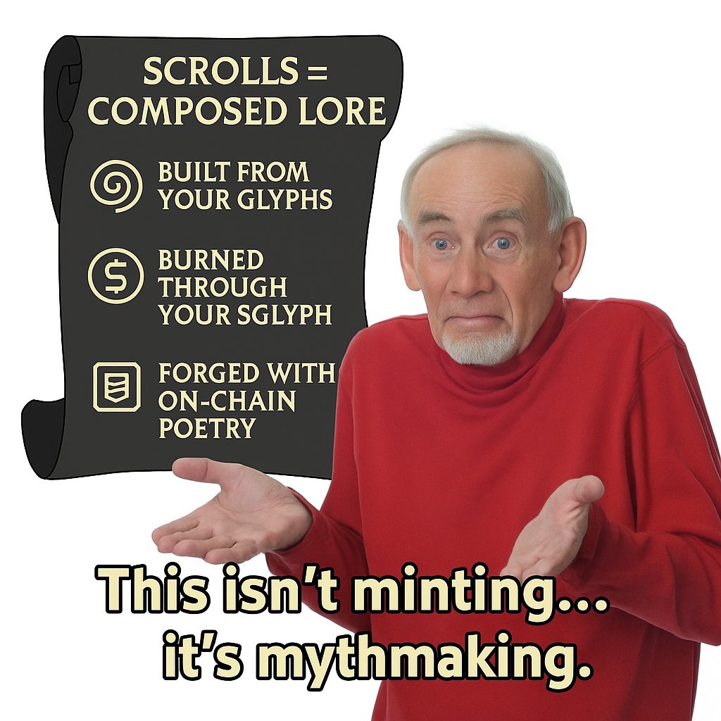 SKYGLYPHS's tweet photo. 🔓 Scrolls are more than NFTs — they’re living lore.
Crafted from your glyphs.
Fueled by $GLYPH burns.
Etched into chain as poetic code.
You’re not just minting… you’re mythbuilding.
#OnChainStorytelling #Web3Lore #NFTWriters https://t.co/xtC0i9zc2w