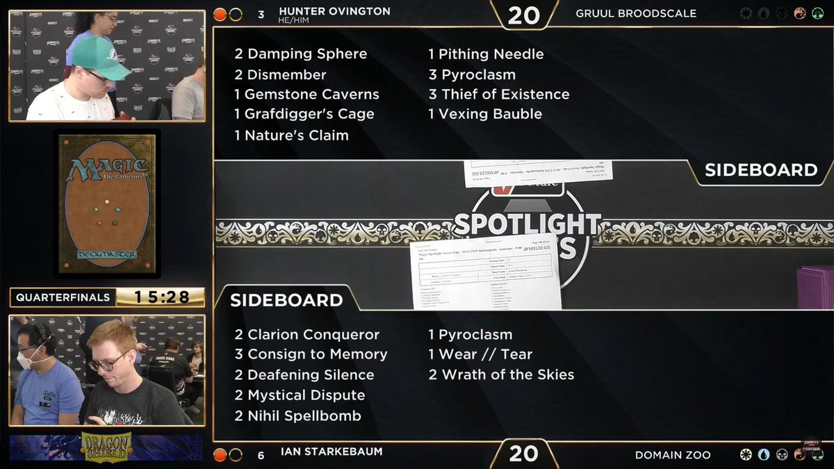 Quarterfinals Action! 🔥

Hunter Ovington (Gruul Broodscale) 🆚 Ian Starkebaum (Domain Zoo)

High-stakes Modern action is streaming LIVE from #SCGINDY!

youtube.com/watch?v=6btdyg…
twitch.tv/starcitygames

#SpotlightSecretLair
