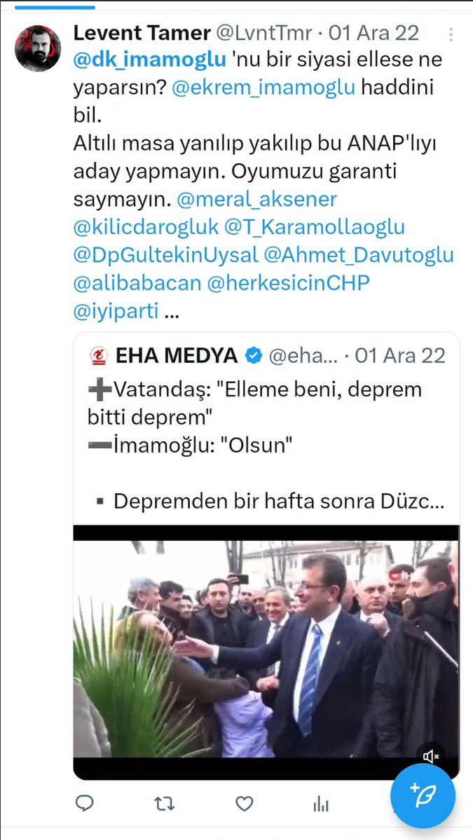 Levent Tamer (@lvnttmr) on Twitter photo Adam hapiste <a href="/eczozgurozel/">Özgür Özel</a> koskoca Cumhurbaşkanı adayının eşine yani potansiyel Hanımefendi'ye sarılıp himaye pozları veriyor
Ama <a href="/ekrem_imamoglu/">Ekrem İmamoğlu</a> 'da bunu hak etmedi değil hani. Ben ona da sormuştum yıllar önce
<a href="/dk_imamoglu/">Dilek Kaya İmamoğlu</a> 'nu başka bir siyasi ellese ne yapasın? <a href="/herkesicinCHP/">CHP 🇹🇷</a> Adam hapiste <a href="/eczozgurozel/">Özgür Özel</a> koskoca Cumhurbaşkanı adayının eşine yani potansiyel Hanımefendi'ye sarılıp himaye pozları veriyor
Ama <a href="/ekrem_imamoglu/">Ekrem İmamoğlu</a> 'da bunu hak etmedi değil hani. Ben ona da sormuştum yıllar önce
<a href="/dk_imamoglu/">Dilek Kaya İmamoğlu</a> 'nu başka bir siyasi ellese ne yapasın? <a href="/herkesicinCHP/">CHP 🇹🇷</a>