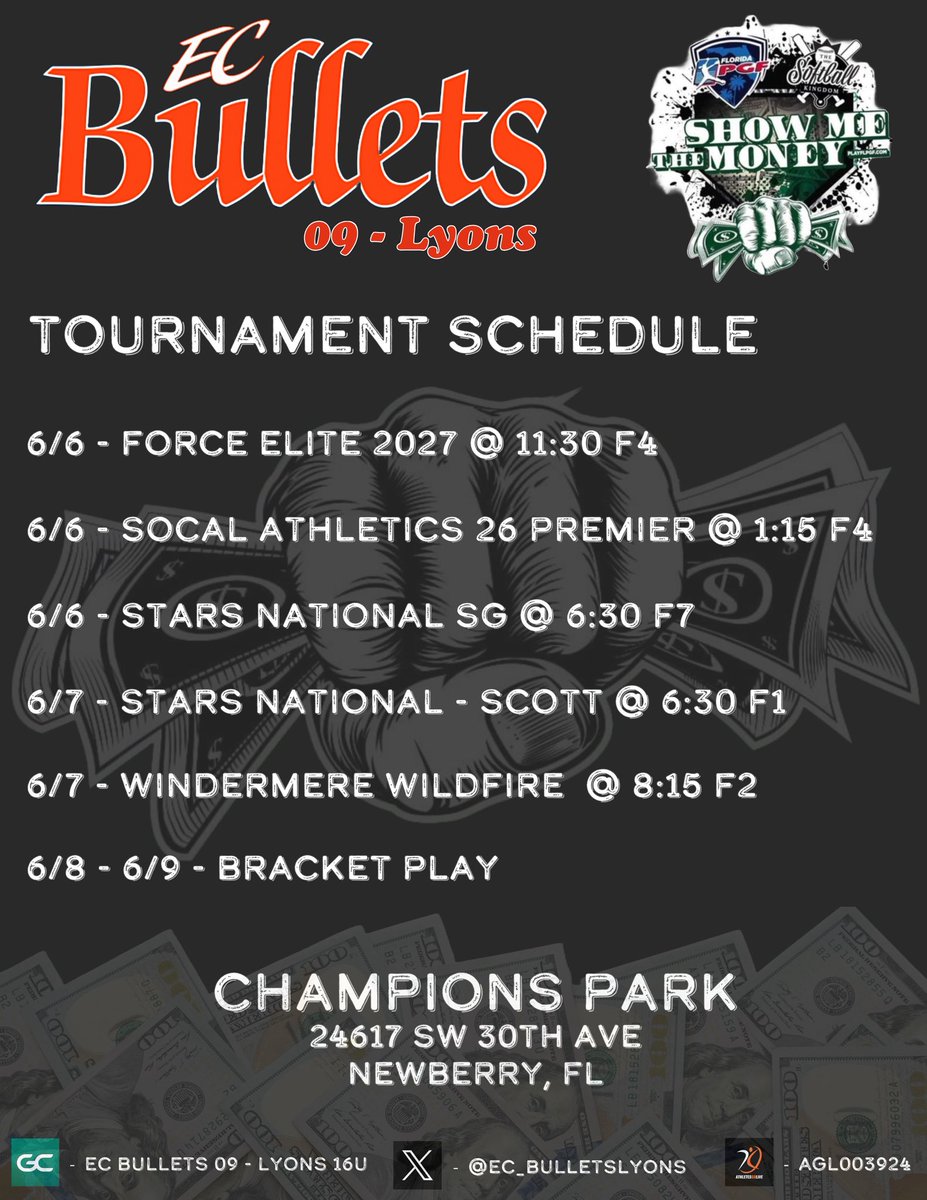 Olivia HAPE (@oliviahape2029) on Twitter photo Excited to play in the “PGF -Show me the Money “ tournament this coming weekend in Newberry , FL !!!
Come see my team play!!!
<a href="/EC_BulletsLyons/">EC Bullets 09 - Lyons</a> <a href="/EastCobbBullets/">EC Bullets Fastpitch</a>
<a href="/KarenWeekly/">Karen Weekly</a> <a href="/AlabamaSB/">Alabama Softball</a> <a href="/UACoachMurphy/">Patrick Murphy</a> <a href="/Vol_Softball/">Tennessee Softball</a>
<a href="/D1Softball/">D1Softball</a> <a href="/LineDsoftball/">Line Drive Media</a>
<a href="/PGFnetwork/">PGF</a> <a href="/ncsa/">NCSA College Recruiting</a> <a href="/ncsa_coachkp/">Kalee Patterson</a> Excited to play in the “PGF -Show me the Money “ tournament this coming weekend in Newberry , FL !!!
Come see my team play!!!
<a href="/EC_BulletsLyons/">EC Bullets 09 - Lyons</a> <a href="/EastCobbBullets/">EC Bullets Fastpitch</a>
<a href="/KarenWeekly/">Karen Weekly</a> <a href="/AlabamaSB/">Alabama Softball</a> <a href="/UACoachMurphy/">Patrick Murphy</a> <a href="/Vol_Softball/">Tennessee Softball</a>
<a href="/D1Softball/">D1Softball</a> <a href="/LineDsoftball/">Line Drive Media</a>
<a href="/PGFnetwork/">PGF</a> <a href="/ncsa/">NCSA College Recruiting</a> <a href="/ncsa_coachkp/">Kalee Patterson</a>