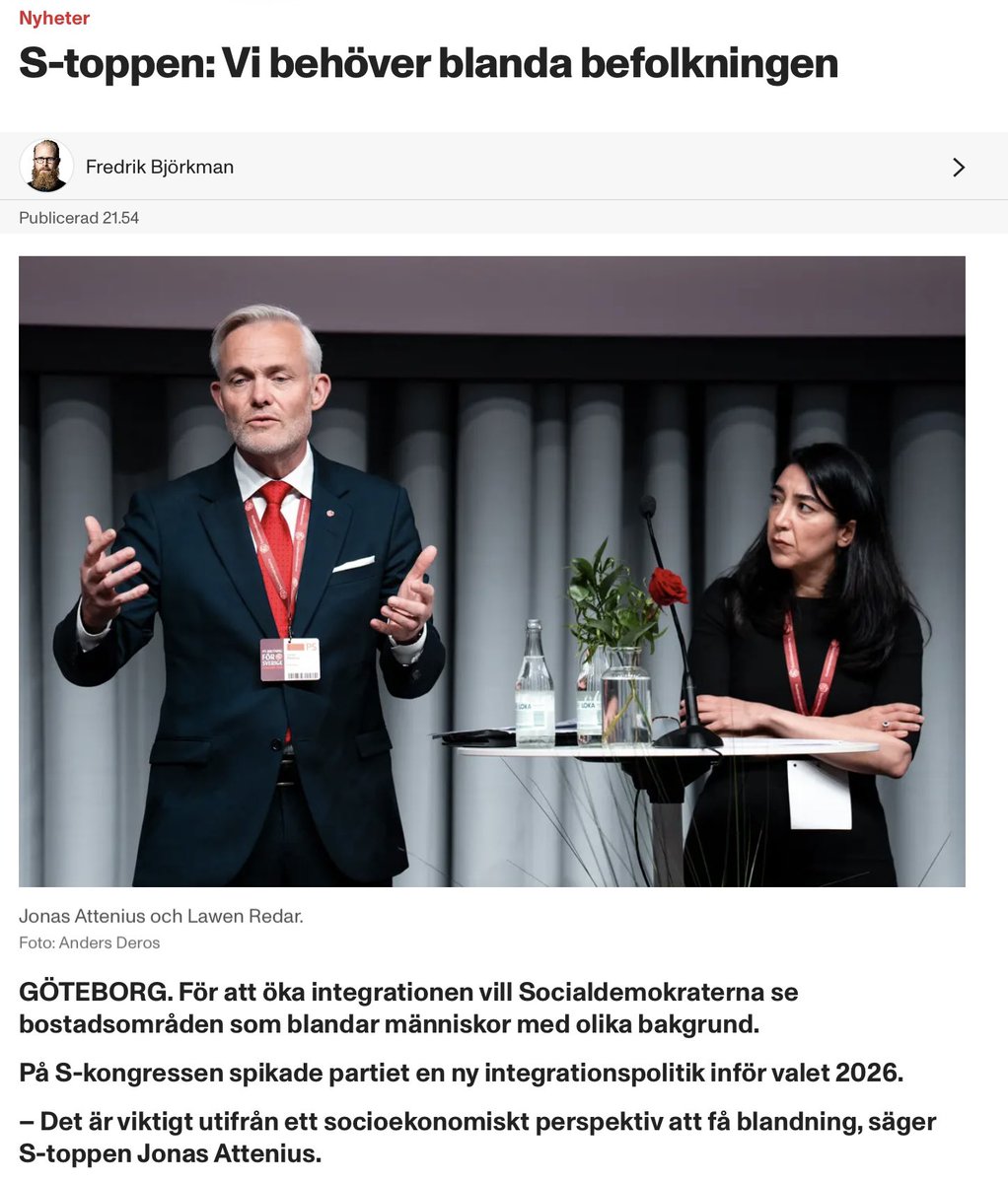 (S) vill ”blanda befolkningen” genom att bestämma var du får bo.

När socialdemokratin inte längre klarar att få människor att anpassa sig till Sverige, försöker de nu anpassa Sverige till människorna.

Det är inte bostadspolitik. Det är identitetspolitisk stadsplanering.

Frågan