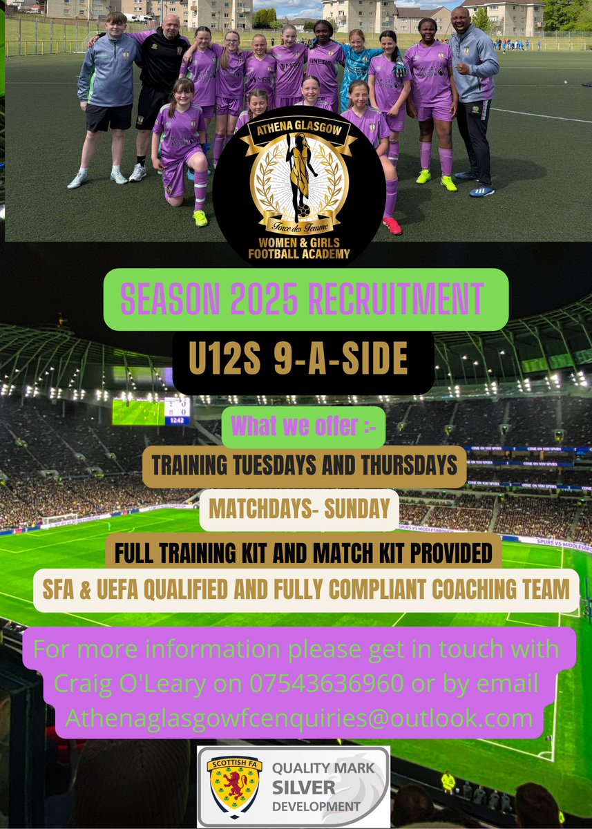 Our amazing U12 9-a-side team have space available for a couple of new players!!!

Get in touch for more details!!

07543 636960 💜💚⚽️