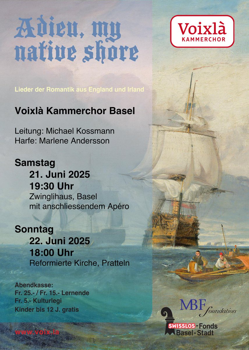 Adieu, my native shore
Am 21./22. Juni singe ich mit dem Voixlà Kammerchor Englische und irische Lieder der Romantik, im Zwinglihaus #Basel und in der Ref. Kirche Pratteln. Jetzt vormerken!
#chor #musik

voix.la