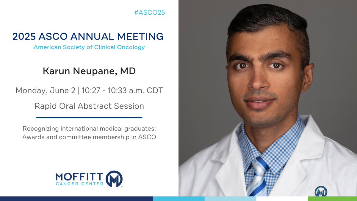 Join Karun Neupane, MD, (<a href="/KarunNeupaneMD/">Karun Neupane, MD</a>), tomorrow at #ASCO25 as he shares research highlighting barriers for major career awards for international medical graduates.

Read more: meetings.asco.org/2025-asco-annu…
#MoffittASCO25 <a href="/ASCO/">ASCO</a>
