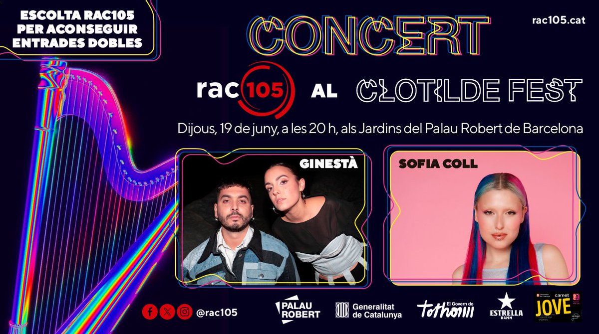 RAC105 (@rac105) on Twitter photo 🎤 RAC105 et convida al concert del Clotilde Fest amb <a href="/ginestaoficial/">Ginestà</a> i <a href="/sofiiacoll/">Sofia Coll</a>!
📅 Dijous 19 de juny a les 20 h
📍 Jardins del <a href="/palaurobert/">Palau Robert</a> <a href="/gencat/">Generalitat de Catalunya</a>, Barcelona
🎟️ Vols guanyar una entrada doble? Omple el formulari i entra al sorteig 👉 radiocat.typeform.com/clotilde2025 🎤 RAC105 et convida al concert del Clotilde Fest amb <a href="/ginestaoficial/">Ginestà</a> i <a href="/sofiiacoll/">Sofia Coll</a>!
📅 Dijous 19 de juny a les 20 h
📍 Jardins del <a href="/palaurobert/">Palau Robert</a> <a href="/gencat/">Generalitat de Catalunya</a>, Barcelona
🎟️ Vols guanyar una entrada doble? Omple el formulari i entra al sorteig 👉 radiocat.typeform.com/clotilde2025
