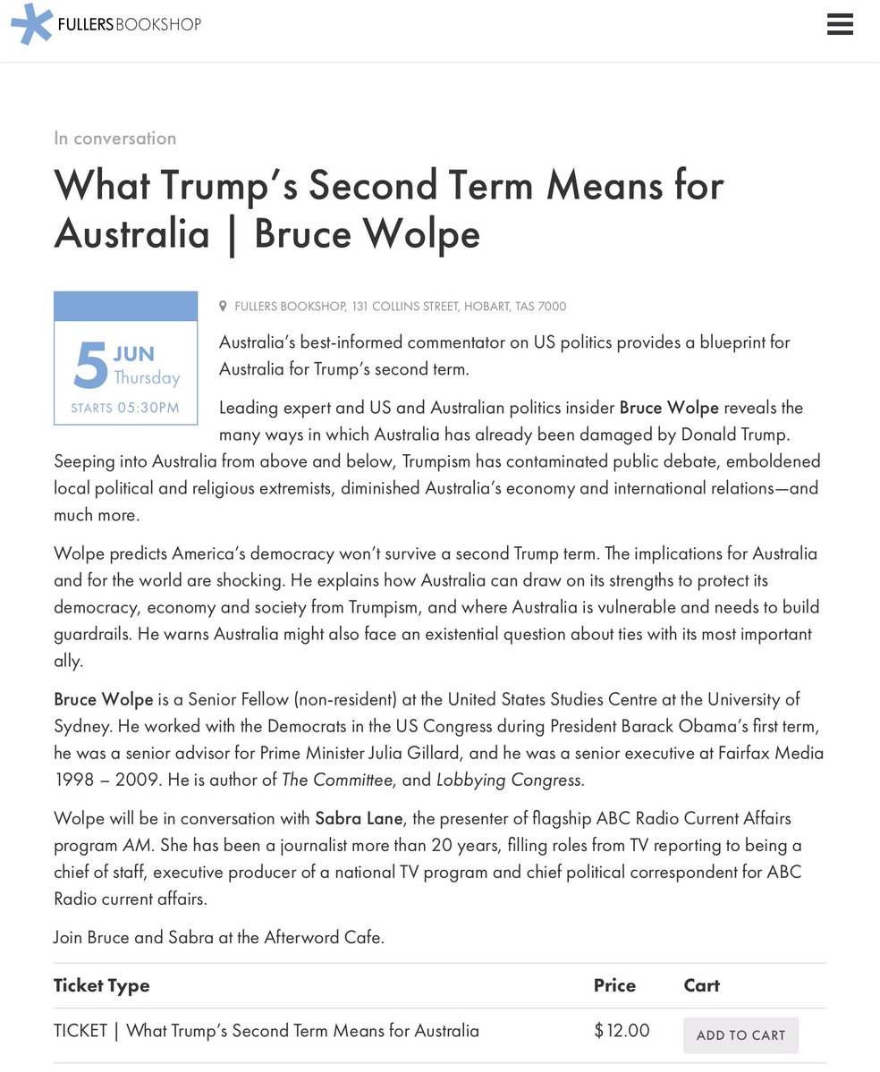 Bruce Wolpe (@bwolpe) on Twitter photo Live in Hobart Tasmania this Thursday, June 5, at <a href="/FullersHobart/">Fullers Bookshop</a>: In conversation with Sabra Lane, host of ABC Radio's AM program, to discuss Trump, Australia, America and the world. Deep thanks to Fullers and Sabra. If you happen to be in Hobart ... Live in Hobart Tasmania this Thursday, June 5, at <a href="/FullersHobart/">Fullers Bookshop</a>: In conversation with Sabra Lane, host of ABC Radio's AM program, to discuss Trump, Australia, America and the world. Deep thanks to Fullers and Sabra. If you happen to be in Hobart ...