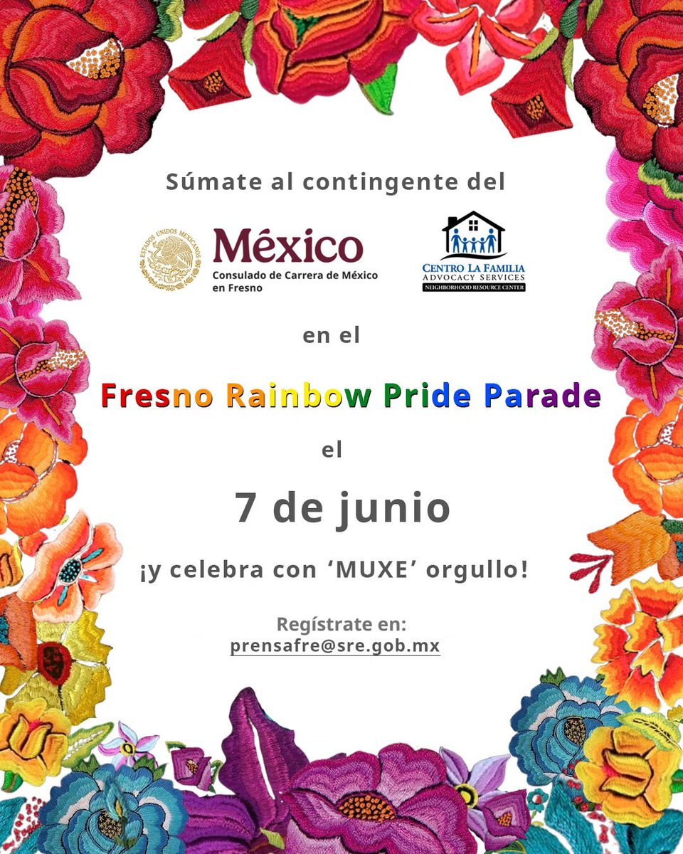 Consulmex Fresno (@consulmexfresno) on Twitter photo 🌈Súmate al contingente de #TuConsulado🇲🇽 y <a href="/CentroLaFamilia/">Centro La Familia Advocacy Services</a>, en el Fresno Rainbow Pride Parade and Festival 🏳️🌈🏳️⚧️¡Marchemos el próximo 7 de junio con ‘MUXE’ orgullo, por un Fresno más incluyente!🫶
#ZonaSegura #ContraLaTransfobiaHomofobiaBifobia #ConoceyEjerceTusDerechos <a href="/IME_SRE/">IMME</a> 🌈Súmate al contingente de #TuConsulado🇲🇽 y <a href="/CentroLaFamilia/">Centro La Familia Advocacy Services</a>, en el Fresno Rainbow Pride Parade and Festival 🏳️🌈🏳️⚧️¡Marchemos el próximo 7 de junio con ‘MUXE’ orgullo, por un Fresno más incluyente!🫶
#ZonaSegura #ContraLaTransfobiaHomofobiaBifobia #ConoceyEjerceTusDerechos <a href="/IME_SRE/">IMME</a>