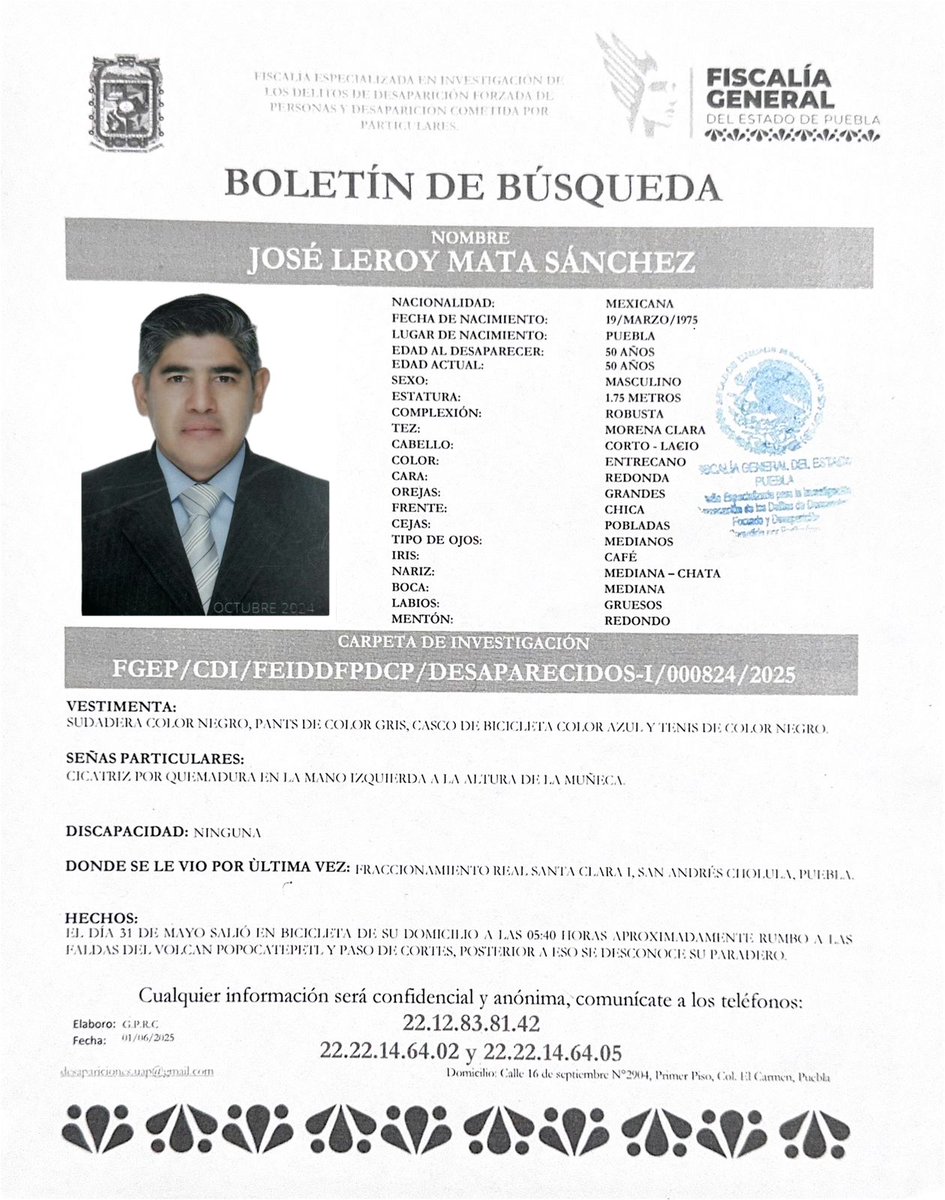 laredcincoradio's tweet photo. #ServicioSocial 🔍|| Se solicita la ayuda de la ciudadanía para localizar a José Leroy Mata Sánchez , fue visto por última vez en el fraccionamiento real santa clara, San Andrés Cholula, el día 31 de mayo del 2025. #SeBuscaA #Desaparecida #Localiza https://t.co/KFBMwNW1sN