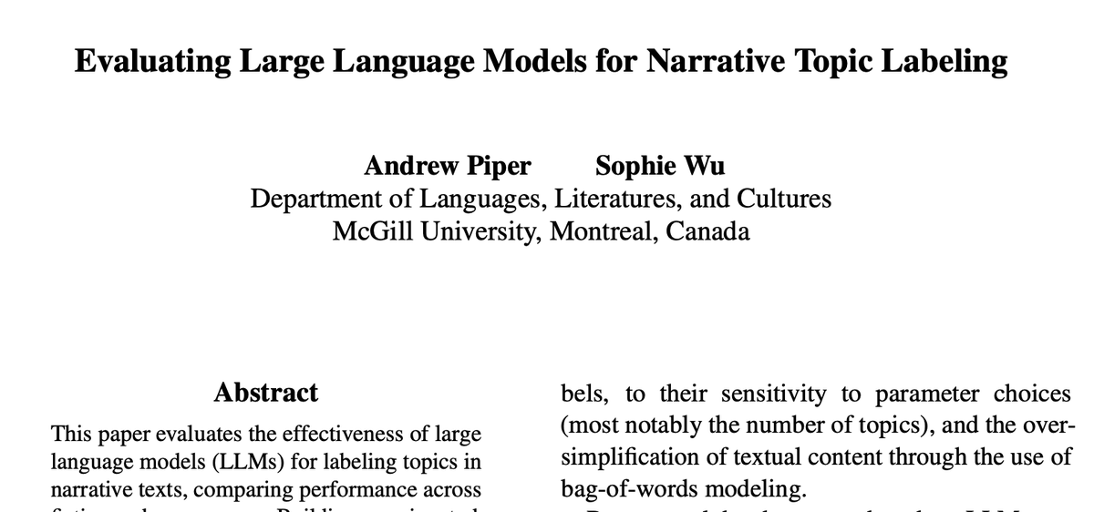 _akpiper's tweet photo. In case you're curious whether you can use LLMs (including small local ones) for narrative topic modeling. The answer is yes! LLMs perform on par or better than humans at the task. https://t.co/BHtE2T649v