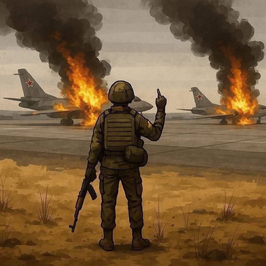 elevchenko's tweet image. russian warplane, go f@ck yourself! 
Smart operation by Ukrainian SBU. Special operation Павутина(Web). With simple drones so much damage to russian warplanes. Brilliant and historic work. 
Once more putins regime understands only language of force. 
Slava Ukraine! 🇺🇦