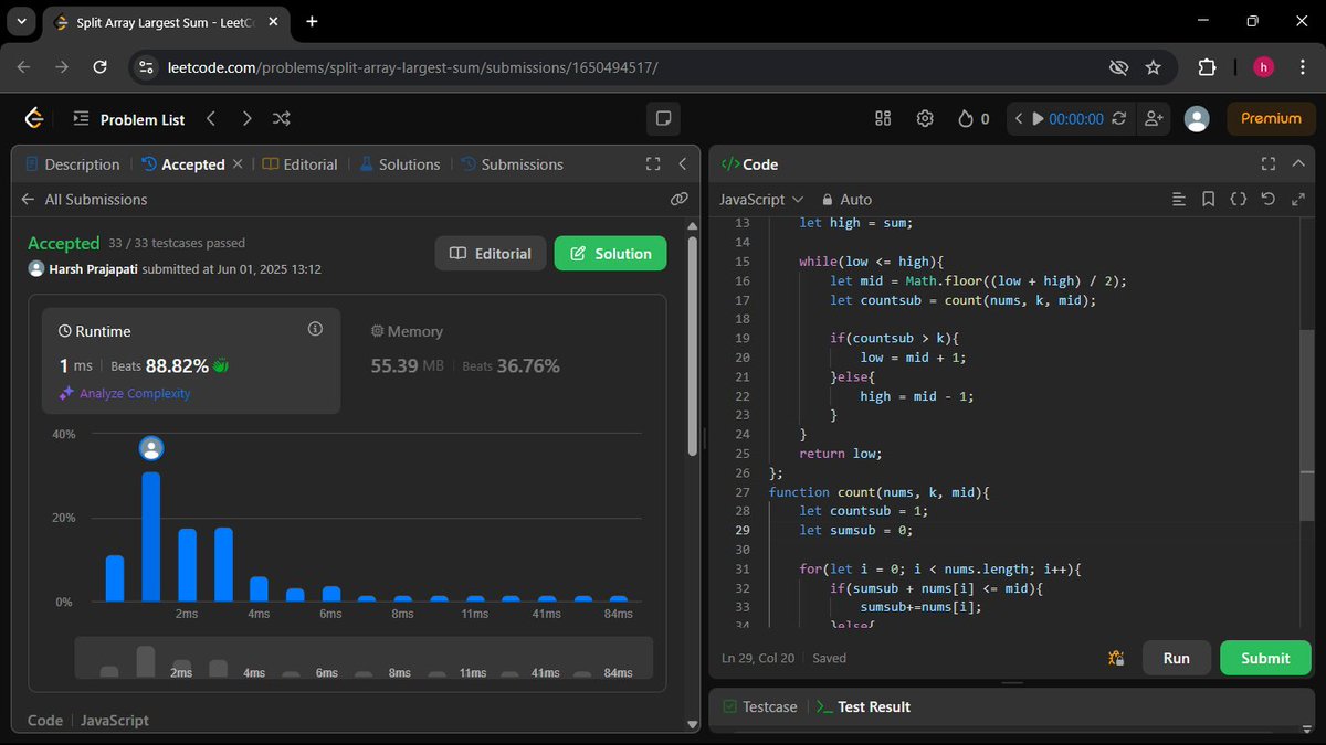 harshcode26's tweet photo. 🚀 Day 16 of #60DaysOfDSA
Binary Search on Answers 🔍 | Hard Level Challenge Edition
✅Solved 2/3 hard problems on my own📈
Today was a deep dive into some real-world analogy-based DSA problems. https://t.co/uRouT7qmIr