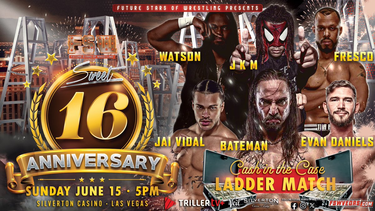 𝗙𝗨𝗧𝗨𝗥𝗘 𝗦𝗧𝗔𝗥𝗦 𝗢𝗙 𝗪𝗥𝗘𝗦𝗧𝗟𝗜𝗡𝗚 (@fswvegas) on Twitter photo FSW 16th Anniversary
Sun, Jun 15, 5PM
LIVE on <a href="/Triller_TV/">TrillerTV</a>+
<a href="/SilvertonCasino/">Silverton Casino</a> | #LasVegas
𝐂𝐚𝐬𝐡 𝐢𝐧 𝐭𝐡𝐞 𝐂𝐚𝐬𝐞 𝐋𝐚𝐝𝐝𝐞𝐫 𝐌𝐚𝐭𝐜𝐡
<a href="/GDMBateman/">GDMBateman</a>
VS
<a href="/TheJaiVidal/">Jai Vidal</a>
VS
<a href="/RedXJkm/">Jkm</a>
VS
<a href="/FrescoMattic/">FRESCO!™️💨🕊</a>
VS
<a href="/He_is_WATSON/">W A T S O N 🔱</a>
VS
<a href="/TheEvanDaniels/">Evan Daniels</a>
Tickets + Streaming info in our bio! FSW 16th Anniversary
Sun, Jun 15, 5PM
LIVE on <a href="/Triller_TV/">TrillerTV</a>+
<a href="/SilvertonCasino/">Silverton Casino</a> | #LasVegas
𝐂𝐚𝐬𝐡 𝐢𝐧 𝐭𝐡𝐞 𝐂𝐚𝐬𝐞 𝐋𝐚𝐝𝐝𝐞𝐫 𝐌𝐚𝐭𝐜𝐡
<a href="/GDMBateman/">GDMBateman</a>
VS
<a href="/TheJaiVidal/">Jai Vidal</a>
VS
<a href="/RedXJkm/">Jkm</a>
VS
<a href="/FrescoMattic/">FRESCO!™️💨🕊</a>
VS
<a href="/He_is_WATSON/">W A T S O N 🔱</a>
VS
<a href="/TheEvanDaniels/">Evan Daniels</a>
Tickets + Streaming info in our bio!