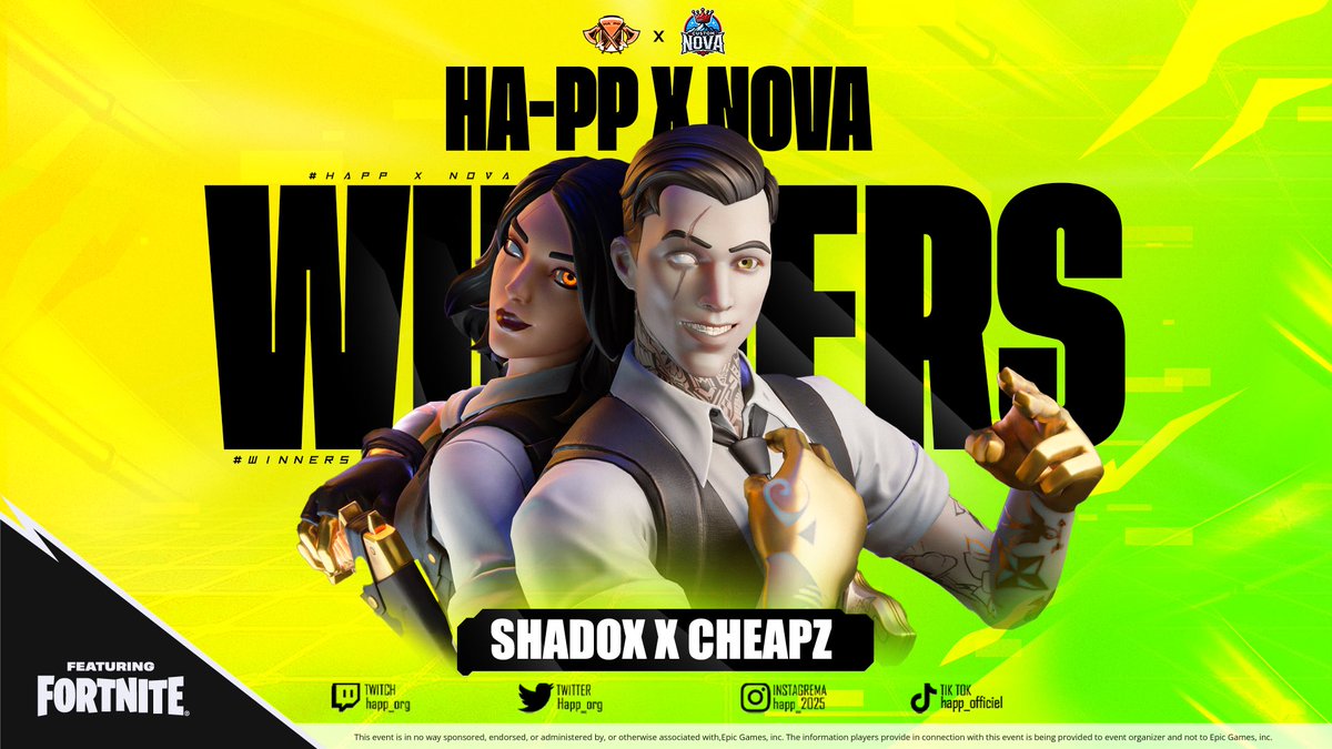 Congratulations to the winners of the HA-PP x Nova Cup! 🏆🎉

A huge shoutout to <a href="/Shadoxfn/">EvozA Shadox</a> &amp; <a href="/Cheapz19/">ws cheapz</a> for taking the 1st place and dominating the finals! 💪

Thank you to everyone who participated and followed the journey. Stay tuned for our next events! 👀