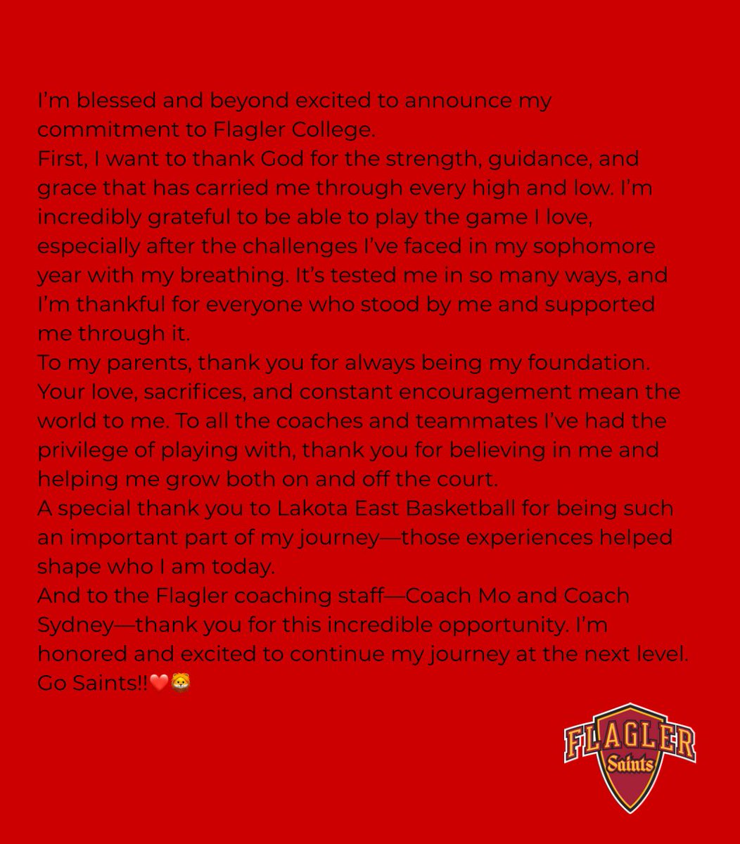 Committed! Go Saints!!❤️🦁 <a href="/Flagler_WBB/">Flagler Women's Basketball</a> <a href="/smith_maurice/">Mo Smith</a> <a href="/CoachSydRoberts/">Sydney Roberts</a>