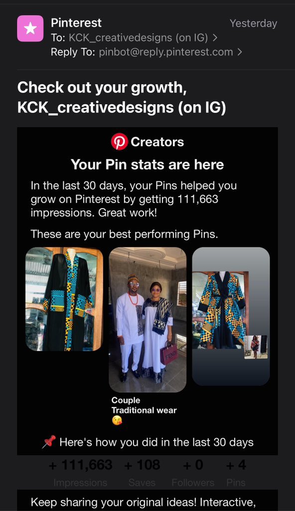 It's the first and last for me.
1:1'm married to a man who reminds me of how dear I am to him everyday. Blessed 😇 
3: my brand is doing well on Pinterest 📌
#MayDump 
#kckwoman 
#kck_creativedesigns
