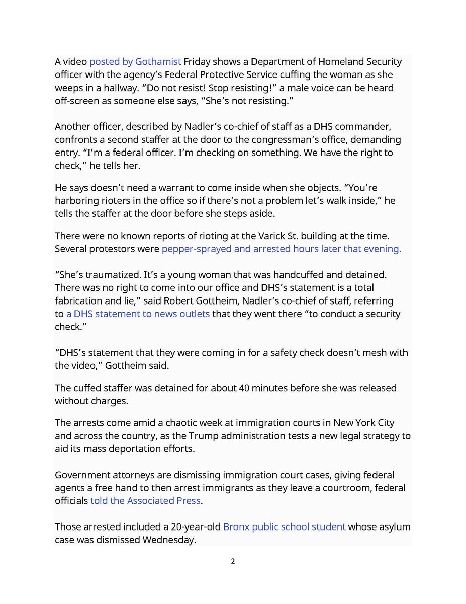 JonFlan's tweet photo. You think you're "safe" from Trump's brown shirts - not even safe in Rep. Nadler's NY Congressional Office - a staffer held for 40 minutes - ICE had no right to be there - no warrant to be there - https://t.co/rM5WiIFsUJ
