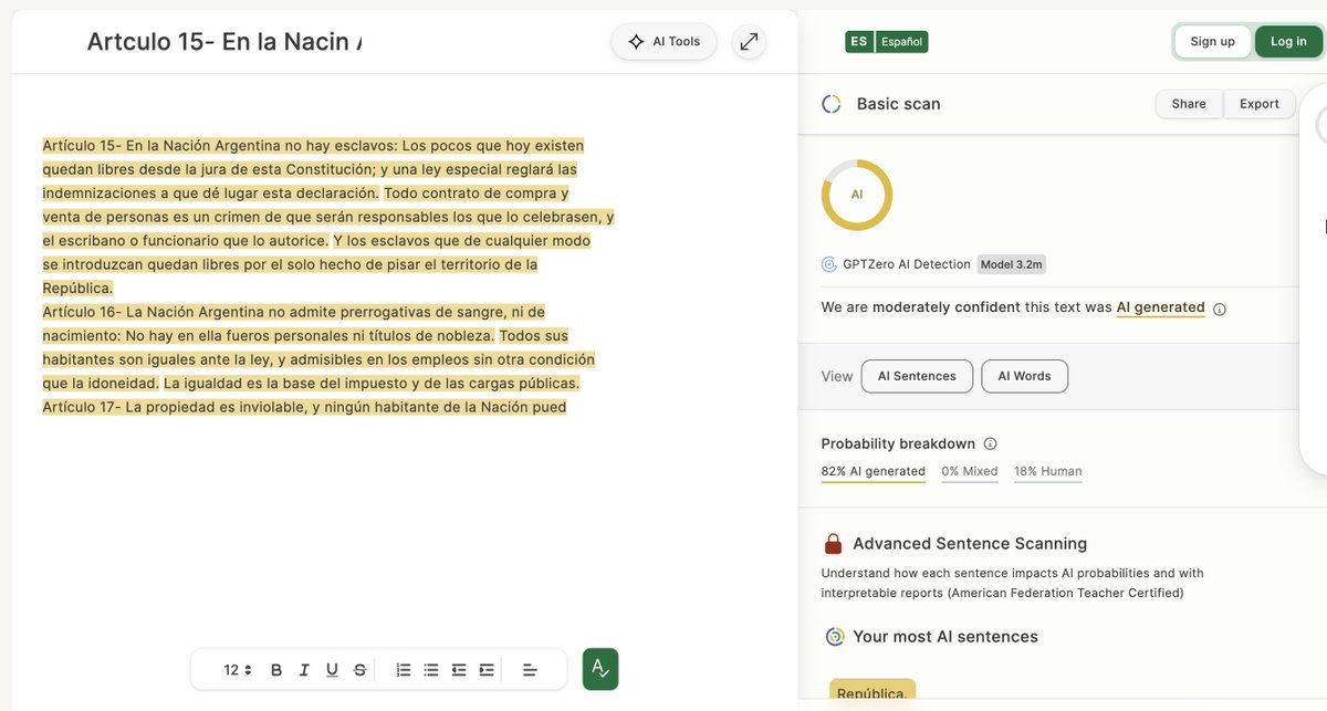 Miren qué fiables que son los detectores de IA que dicen que en un 82% la Constitución fue generada por inteligencia artificial (elegí un gran fragmento de nuestra constitución)