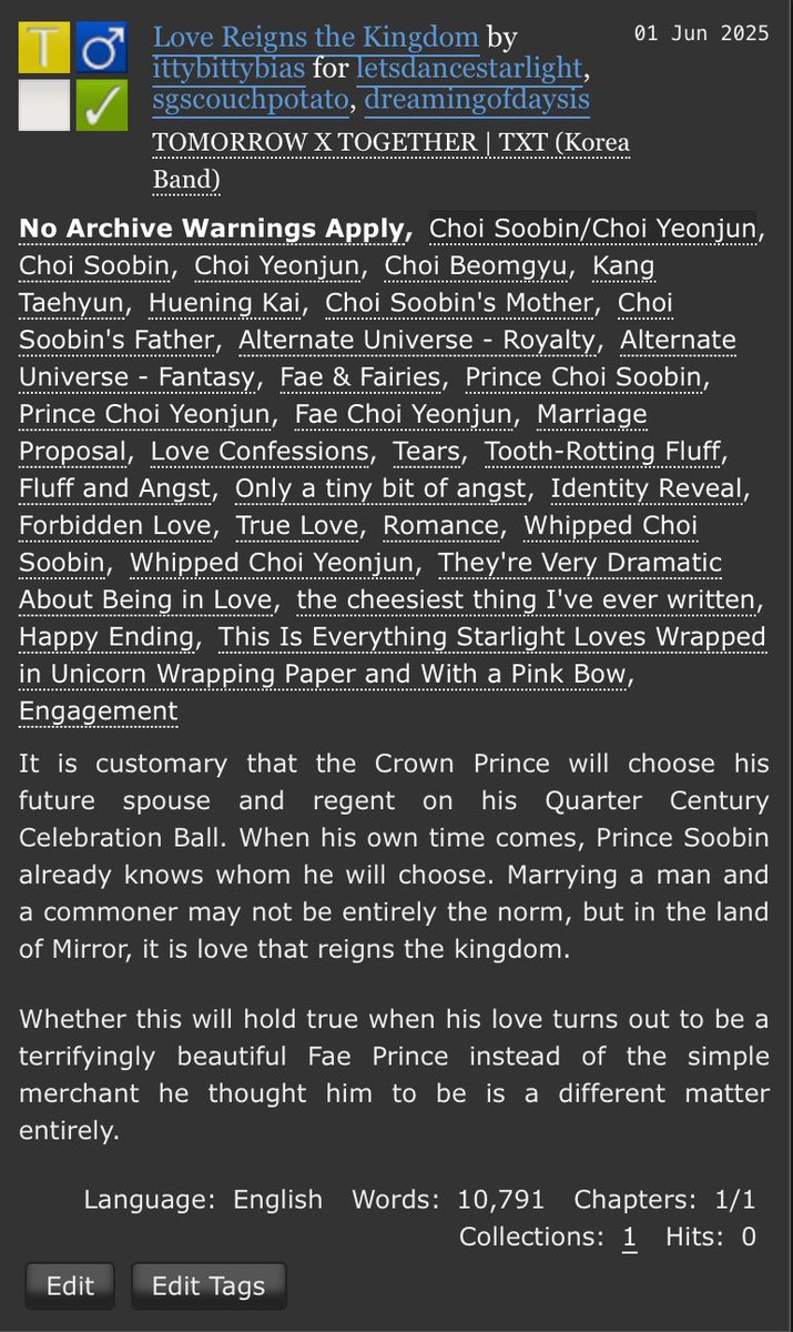 New fic alert (miracles do happen)!

👑 Love Reigns the Kingdom 👑

In which Prince Soobin just wants his secret love to propose to him on his Quarter Century Celebration Ball – only to find out that the simple merchant he thought he loved is a Fae Prince.

For <a href="/letsdancestar/">✮⋆˙ starlight ˙⋆✮</a> 💗