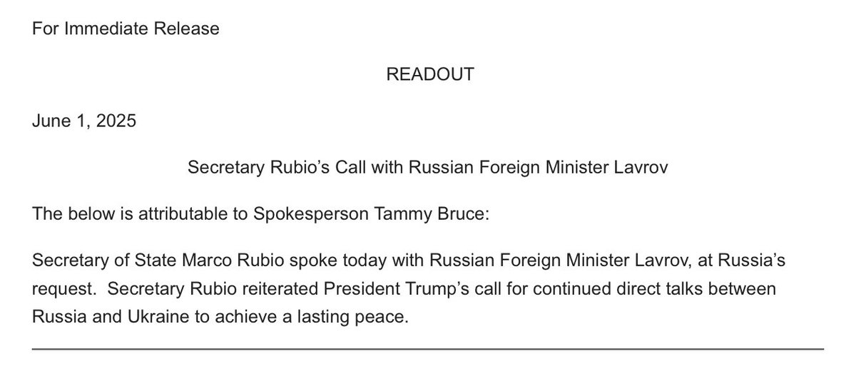 Hiba Nasr (@hibanasr) on Twitter photo . <a href="/SecRubio/">Secretary Marco Rubio</a> spoke with Russian FM Lavrov, at Russia’s request, says <a href="/statedeptspox/">Tammy Bruce</a> .
The statement says "Rubio reiterated President Trump’s call for continued direct talks between Russia and Ukraine to achieve a lasting peace". . <a href="/SecRubio/">Secretary Marco Rubio</a> spoke with Russian FM Lavrov, at Russia’s request, says <a href="/statedeptspox/">Tammy Bruce</a> .
The statement says "Rubio reiterated President Trump’s call for continued direct talks between Russia and Ukraine to achieve a lasting peace".