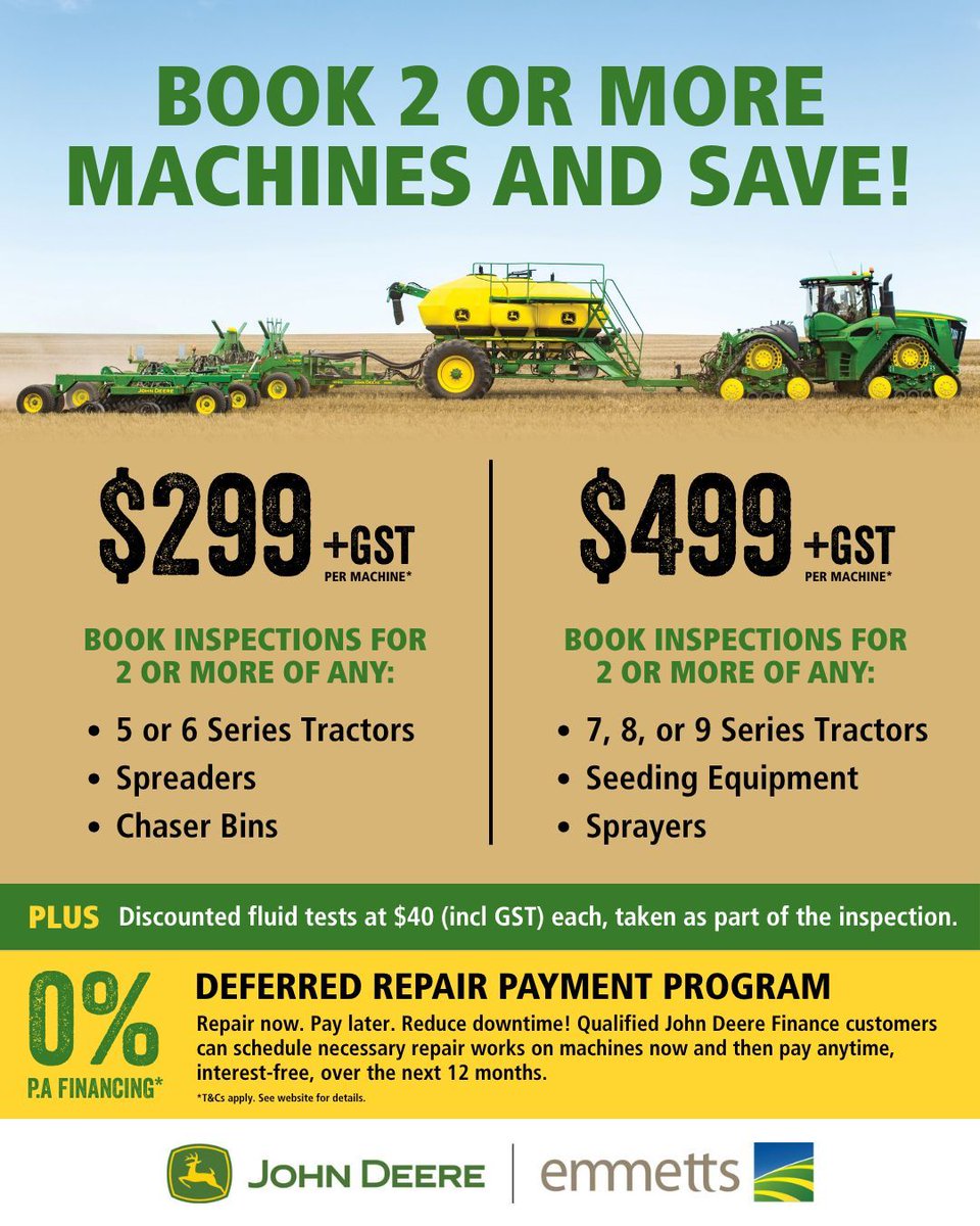 🛠️ Winter is here – and so is your opportunity to save on pre-season prep.
Book 2 or more machines and lock in these great discounted inspection rates!
📞 Contact your local Emmetts branch on 1300 628 596 to book today.

*T&amp;Cs apply. Offer ends 30 August.

#Emmetts #JohnDeere