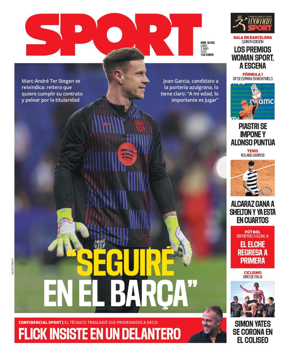 🗞️ PORTADA SPORT

🗣️ "Seguiré en el Barça"
🏁 Piastri se impone y Alonso puntúa
🎾 Alcaraz gana a Shelton y ya está en cuartos