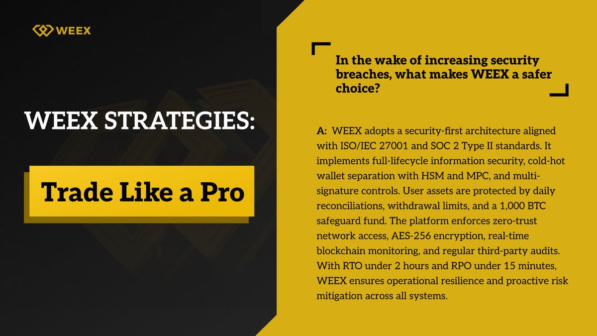 💡#WEEX STRATEGIES is in session! 📈
🎯 Today's Topic: In the wake of increasing security breaches, what makes WEEX a safer choice?

🔥A: WEEX adopts a security-first architecture aligned with ISO/IEC 27001 and SOC 2 Type II standards. It implements full-lifecycle information