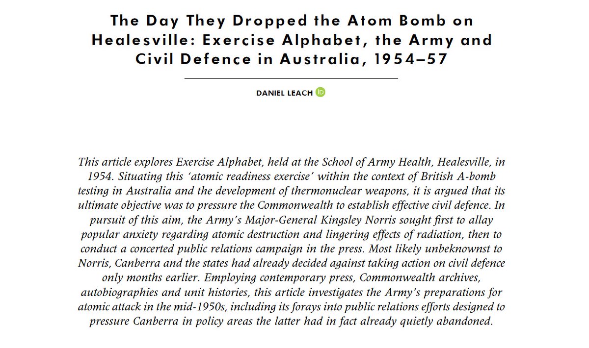 New article published online ahead-of-print by Daniel Leach, 'The Day They Dropped the Atom Bomb on Healesville: Exercise Alphabet, the Army and Civil Defence in Australia, 1954–57'
tandfonline.com/doi/full/10.10…