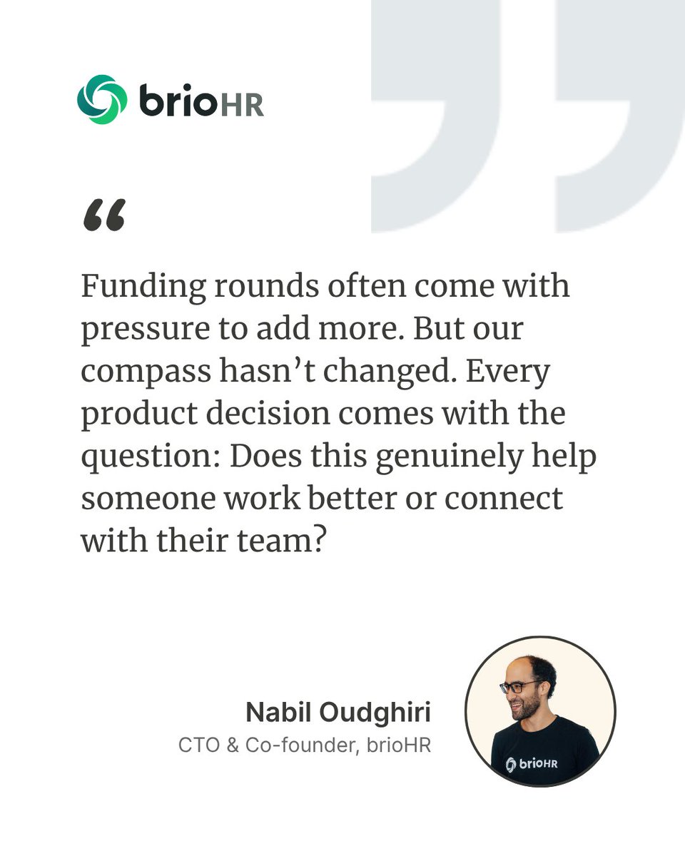 BrioHR's tweet photo. 🔊 Series A Voices | Nabil Oudghiri, Co-founder &amp; CTO

Even with new funding, our product compass hasn’t changed. We're still relentless about making sure our features deliver real impact at work. 
 
Human-first, always.

#brioHRSeriesA #productphilosophy #HRTech #withbrio https://t.co/a41DnhcERM