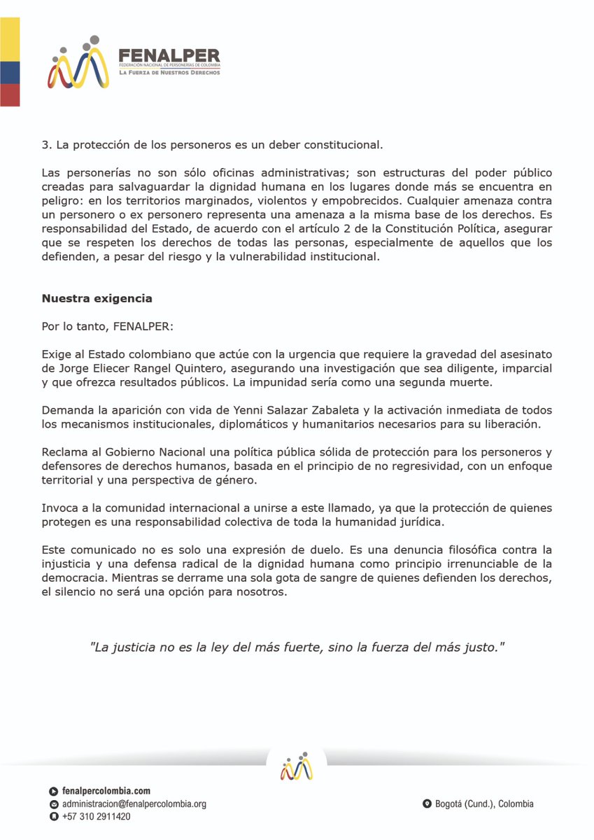 Este comunicado no es solo una expresión de duelo. Es una denuncia contra la injusticia y una defensa radical de la dignidad humana como principio irrenunciable de la democracia.