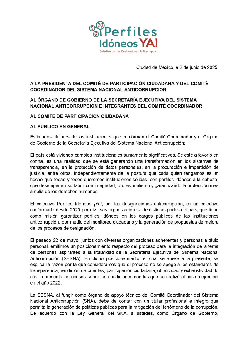 IdoneosYa's tweet photo. Hoy, @IdoneosYa envío una carta pública a los integrantes del Órgano de Gobierno de la @SESNAOficial para instarlos a considerar nuestras observaciones respecto al proceso de designación del titular de la @SESNAOficial por el @ComiteCPC y a tomar una decisión fundada y motivada. https://t.co/msVqsCtYBV