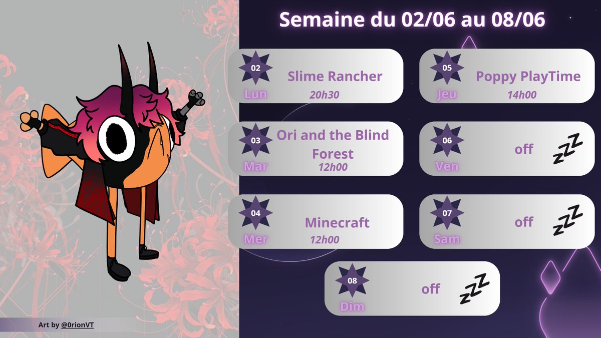 Le planning de cette semaine~
- On continue Slime Rancher en mode chill Lundi à 20h30.
- Mardi à 12h on découvre Ori and the Blind Forest.
- Mercredi 12h ça sera un peu de Minecraft sur le serveur communautaire.
- Jeudi 14h on fait le dernier Chapitre de Poppy Playtime.