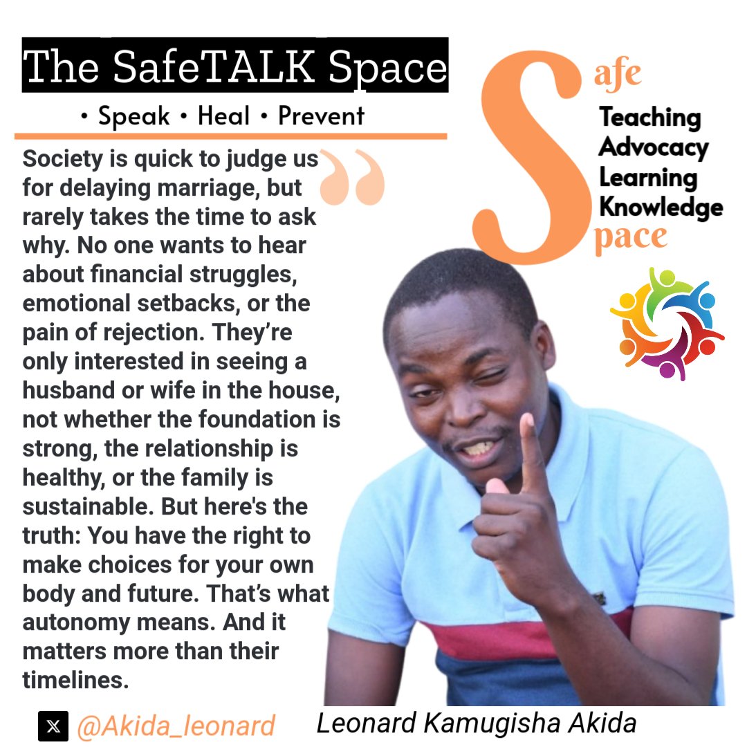 The SafeTALK Space (@safetalkspace) on Twitter photo BodilyAutonomy Vs Social Pressure
Why's society quick to judge us for delaying marriage?
... You have the right to make choices for your own body and future. Thatβs what autonomy means.
<a href="/akida_leonard/">πππππππ πππππππππ πππππ</a> <a href="/SRHRAllianceUg/">SRHR Alliance Uganda</a> <a href="/OpenSociety/">Open Society Foundations</a> <a href="/CivicSpaceTV/">CIVIC SPACE TV</a> <a href="/parrotsug/">πππππππ πππππ</a>
#BodyAutonomy
#Srhr BodilyAutonomy Vs Social Pressure
Why's society quick to judge us for delaying marriage?
... You have the right to make choices for your own body and future. Thatβs what autonomy means.
<a href="/akida_leonard/">πππππππ πππππππππ πππππ</a> <a href="/SRHRAllianceUg/">SRHR Alliance Uganda</a> <a href="/OpenSociety/">Open Society Foundations</a> <a href="/CivicSpaceTV/">CIVIC SPACE TV</a> <a href="/parrotsug/">πππππππ πππππ</a>
#BodyAutonomy
#Srhr