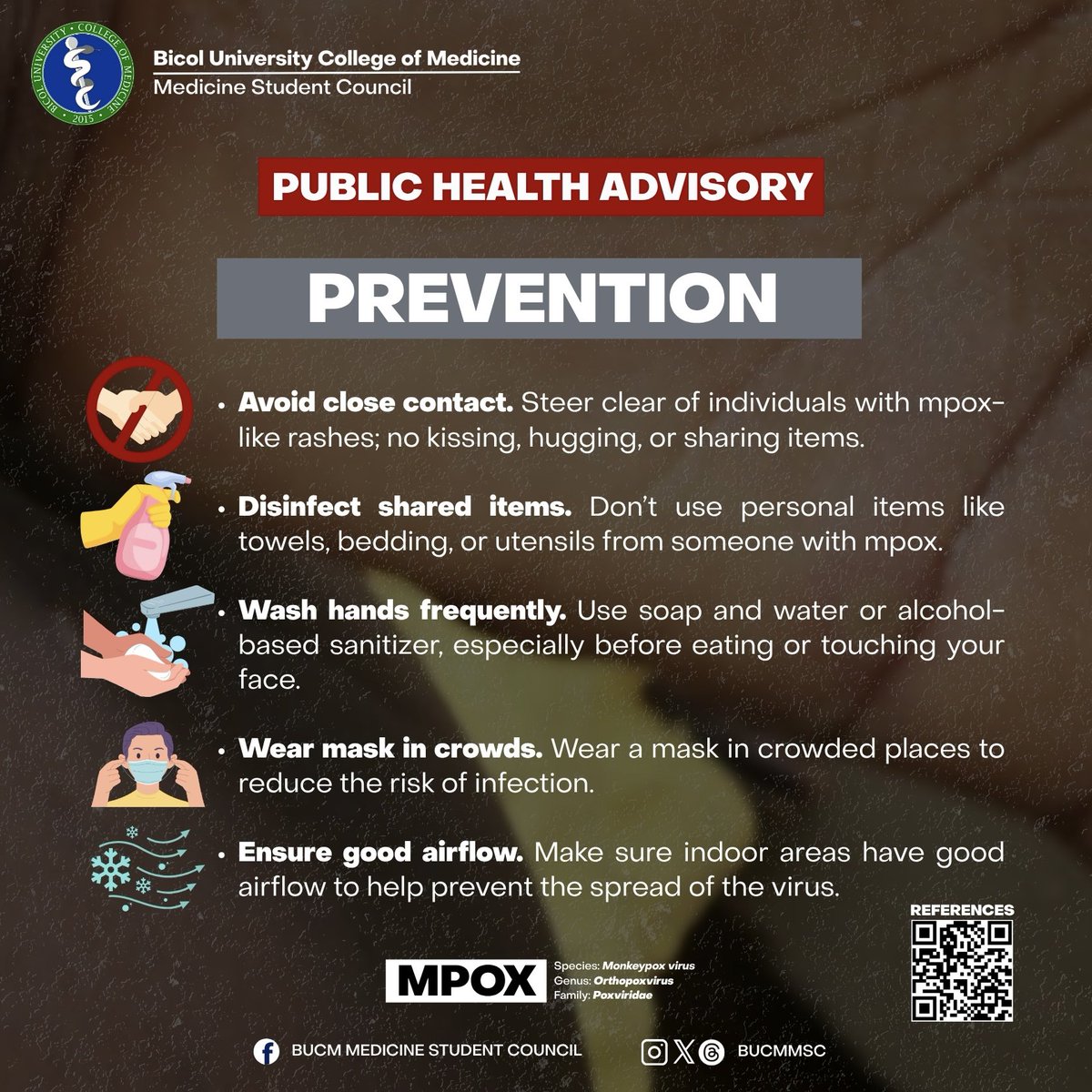 BucmMsc's tweet photo. [𝐏𝐮𝐛𝐥𝐢𝐜 𝐇𝐞𝐚𝐥𝐭𝐡 𝐀𝐝𝐯𝐢𝐬𝐨𝐫𝐲 𝐨𝐧 𝐌𝐩𝐨𝐱]

Mpox (formerly monkeypox) is a viral illness that has re-emerged globally, including here in the Philippines. It spreads through close contact and can cause flu-like symptoms and a rash. https://t.co/aGUnAk7iRq