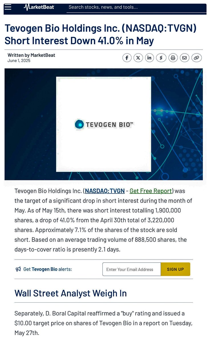 Ryan Saadi, CEO, Tevogen Bio ($TVGN @nasdaq) (@ceo_tevogen_bio) on Twitter photo 🔑 $TVGN
📉 Short interest fell 41% in May
📈 D. Boral Capital reaffirmed a “buy” rating with a $10 target on May 27 ✅<a href="/dboralcapital/">D. Boral Capital</a>
📰 Source: MarketBeat (June 1, 2025)
📸 Image courtesy <a href="/MarketBeatCom/">MarketBeat</a>
#ShortInterest #MarketUpdate #InstitutionalInsights 🔑 $TVGN
📉 Short interest fell 41% in May
📈 D. Boral Capital reaffirmed a “buy” rating with a $10 target on May 27 ✅<a href="/dboralcapital/">D. Boral Capital</a>
📰 Source: MarketBeat (June 1, 2025)
📸 Image courtesy <a href="/MarketBeatCom/">MarketBeat</a>
#ShortInterest #MarketUpdate #InstitutionalInsights