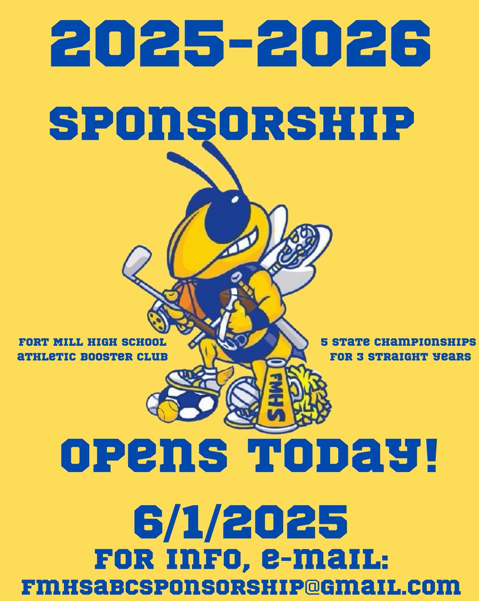 FortMillJackets's tweet image. Sponsorship opened today for 2025-2026, join our winning team! 

Supporting 39 teams and over 950 athletes! 

More info here:
fmhsabcsponsorships@gmail.com

@FMYellowJackets 
@fmyellowjacket 
@FMBroadcasting 
@FMHSFB23 
@FMHSBball1 
@FMHS_Soccer 
@FMHSbaseball 
@Fort_Mill_SB