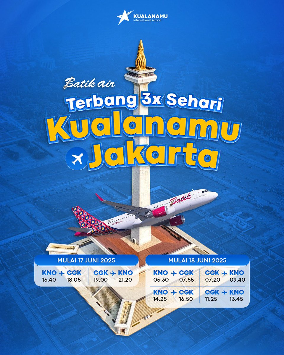 Terbang dari Jakarta (Soekarno-Hatta) ke Medan (Kualanamu) jadi makin mudah dan banyak pilihan! @batikair hadirkan tiga tambahan jam terbang yang bisa kamu sesuaikan dengan kebutuhan perjalanan, seperti liburan maupun bisnis.

Ready ke Jakarta bulan depan? Buruan booking ya!