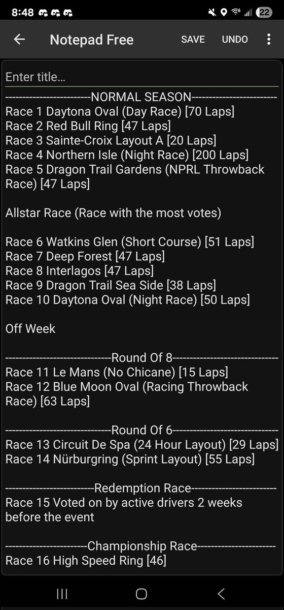 Here's the first look at the upcoming schedule. The all-star race will be a event voted on by our drivers . We'll also be having a throwback race down the road . Be prepared to see some good racing come Wednesday nights .