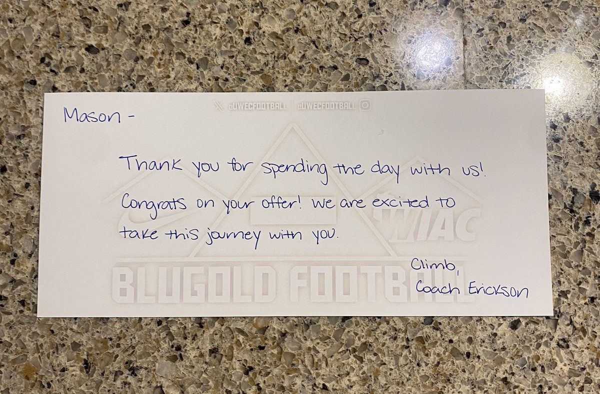 Mason Freimuth (@masonfreimuth) on Twitter photo After getting an amazing letter from <a href="/CoachE_Blugolds/">Rob Erickson</a> I’m blessed to receive my first offer from the University of Eau-Claire!
#CTM
#Blugoldfootball After getting an amazing letter from <a href="/CoachE_Blugolds/">Rob Erickson</a> I’m blessed to receive my first offer from the University of Eau-Claire!
#CTM
#Blugoldfootball