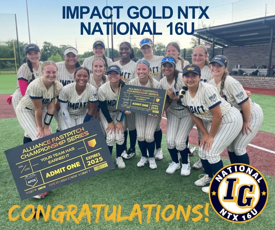 CONGRATULATIONS to our Impact Gold NTX National 16U team for punching their ticket to the Alliance Fastpitch Championship Series 2025 this summer in Indiana! 🥎🏆