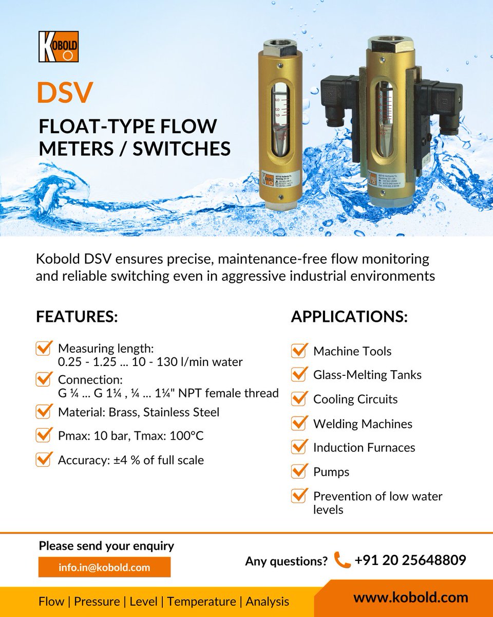 Looking for a reliable solution for monitoring liquid flow in your process? The KOBOLD DSV Float-Type Flow Meters and Switches are engineered to deliver precision and durability, even in challenging conditions.

kobold.com/Float-Type-Flo…

#FlowMeasurement #ProcessInstrumentation