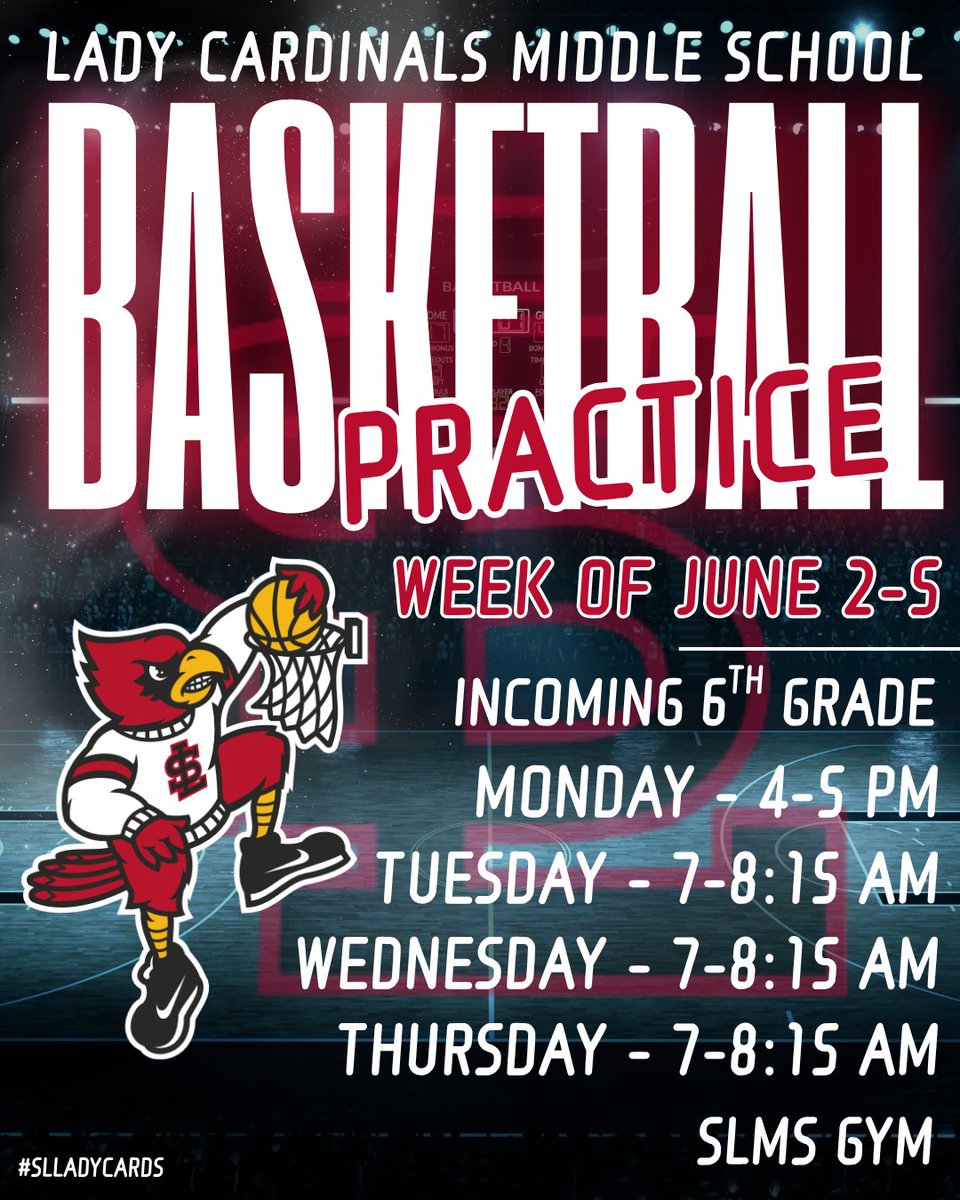 🏀✨ Attention all incoming 6th Grade Girls Basketball Team! 🏀✨ Here’s the practice schedule for this week! 🗓️ 

Get ready to hustle and have fun on the court! See you in the gym, ladies! 

#SLLadyCards