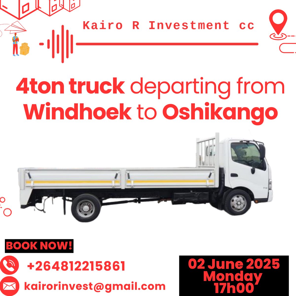 kairo_r_invest's tweet photo. For all logistics bookings and to send any commodities, please contact us via:  
Call/WhatsApp: +264 81 22 15861
Email: kairorinvest@gmail.com https://t.co/glqRmFQ3vZ